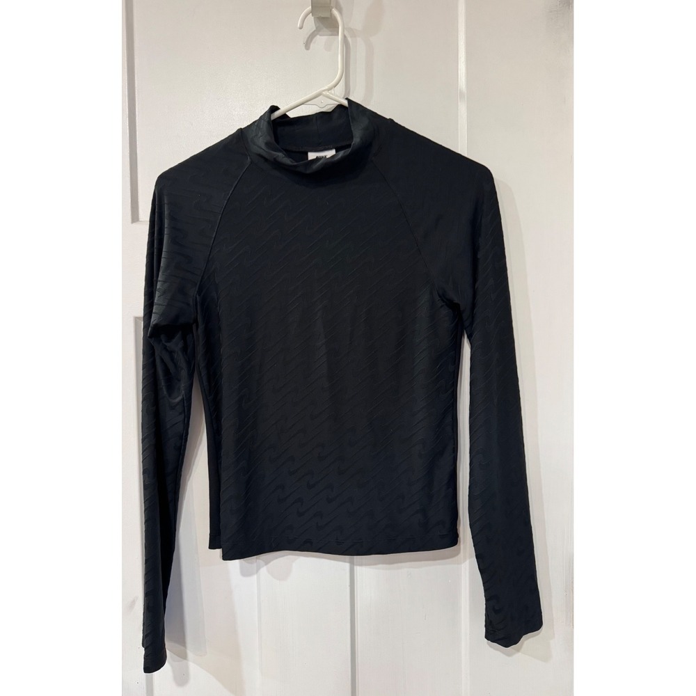 Nike Womens Mock Neck Long Sleeve Top Black Jacquard Swoosh Slim Fit XS